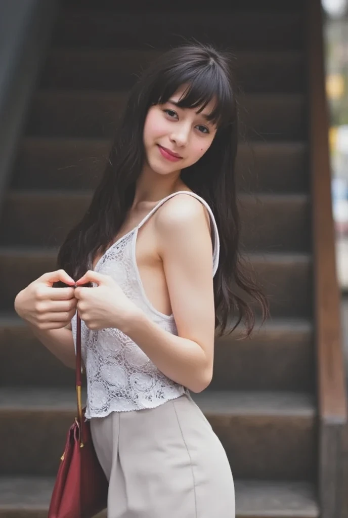 She is in a pose wearing a sexy camisole, making a firm big heart shape with both hands, and holding it in front of her chest, Cute smile up、Monotone background

