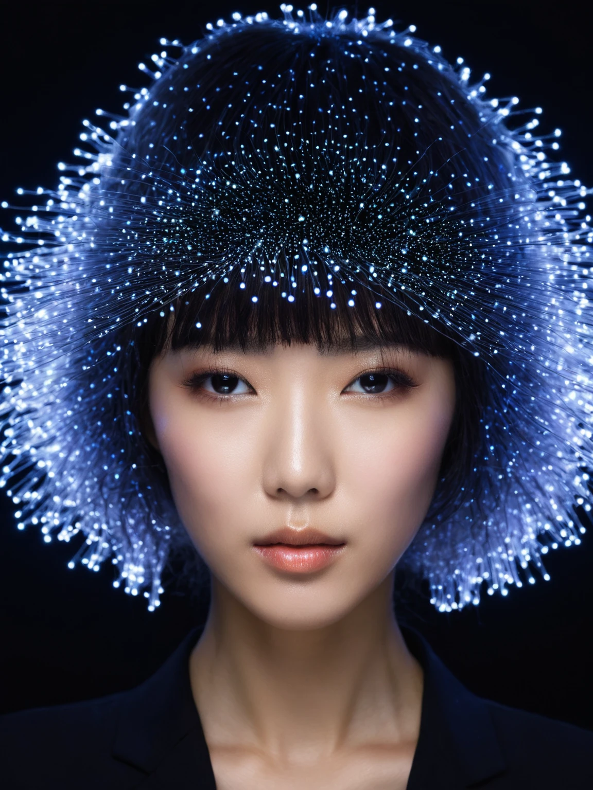 A portrait of a person with Fiber Optics hair,  Portrait of a person holding 。髪の毛but流れて脈打つ光 ,  but、 illuminates one's own characteristics with a graceful brilliance. Fiber Optics 、全身butFiber Opticsで作られた人間