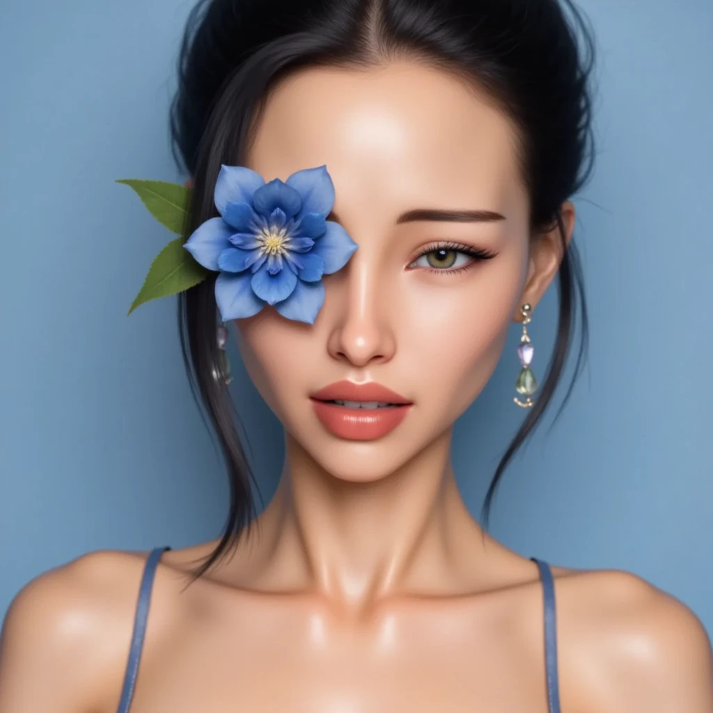 1girl, solo, short hair, simple background, brown hair, black hair, holding, jewelry, collarbone, closed eyes, flower, Flowers placed in front of one eye,earrings, parted lips, choker, artist name, necklace, lips, eyelashes, makeup, rose, watermark, blue background, lipstick, portrait, facing viewer, web address, blue flower, blue theme, holding flower, red lips, blue rose