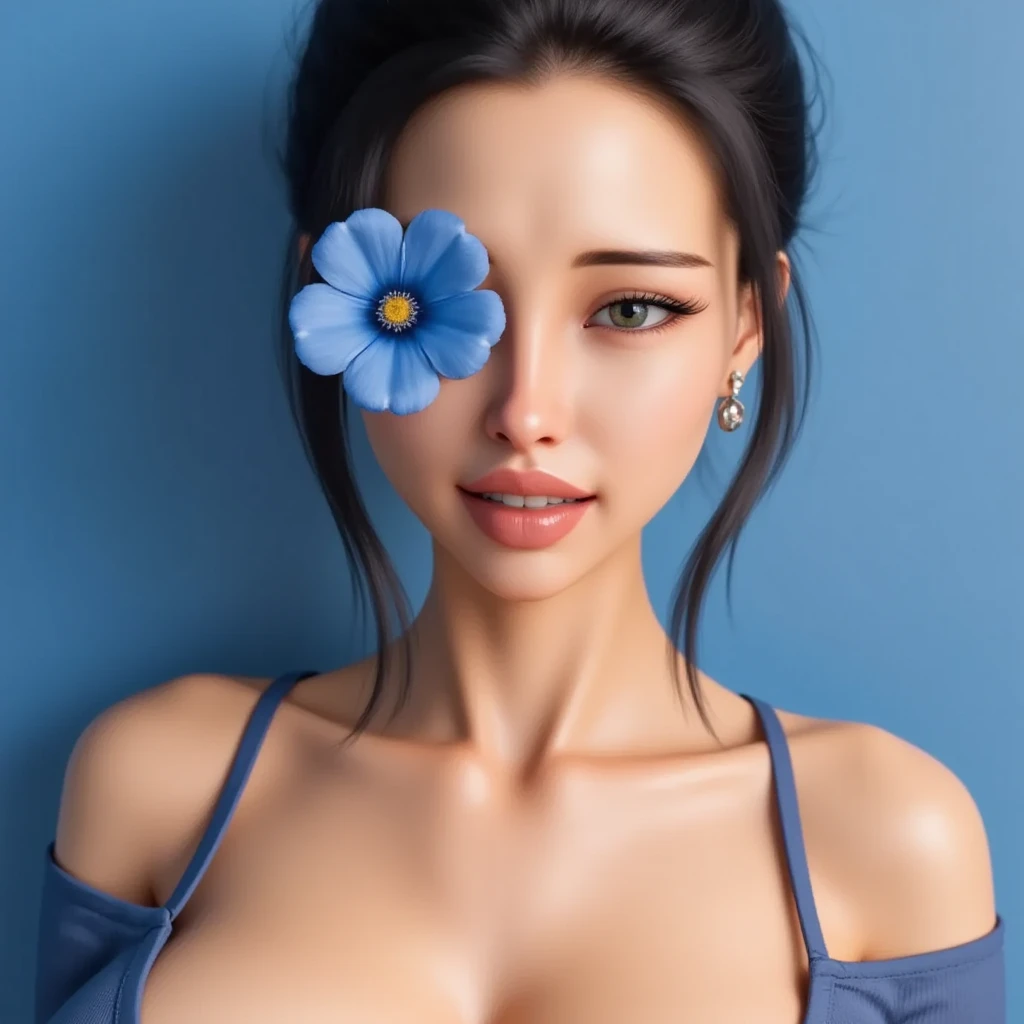 1girl, solo, short hair, simple background, brown hair, black hair, holding, jewelry, collarbone, closed eyes, flower, Flowers placed in front of one eye,earrings, parted lips, choker, artist name, necklace, lips, eyelashes, makeup, rose, watermark, blue background, lipstick, portrait, facing viewer, web address, blue flower, blue theme, holding flower, red lips, blue rose