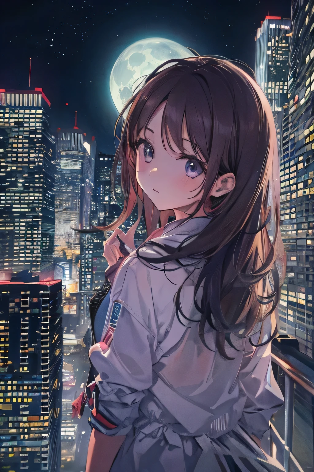 Full Moon Seen from a Valley of Skyscrapers 。Night intersection。 Beautiful Girl with Dark Hair and Brown Eyes Staring at the Full Moon