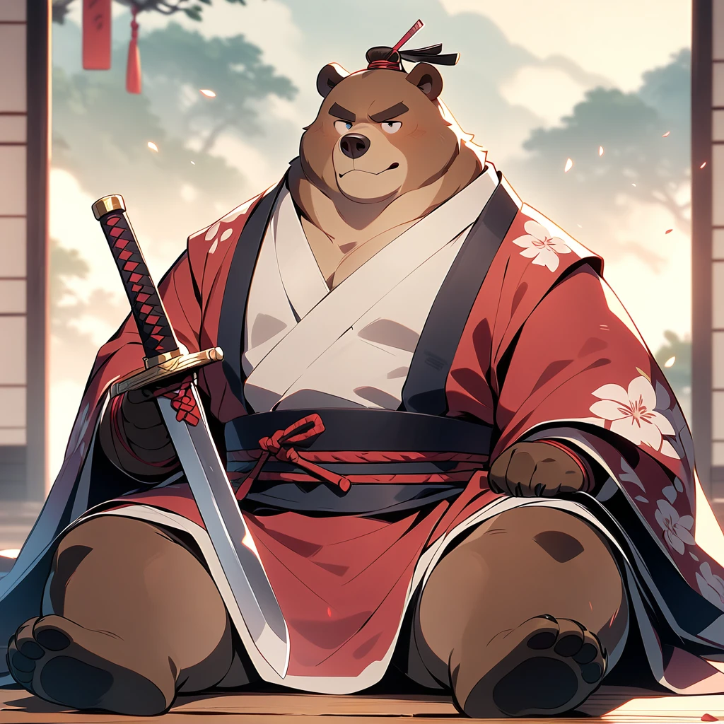 Man with a big overweight bear,Full body photo, masterpiece,  best quality, Brandishing a sword、 so beautiful、samurai boy、Wear a feeling of being left alone、Brave face