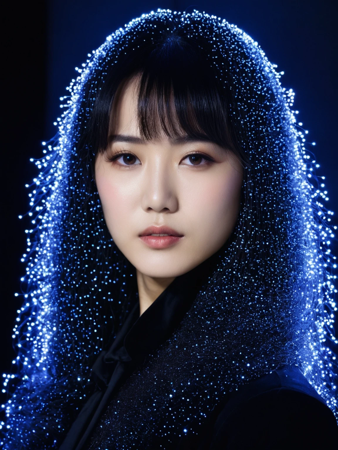 A portrait of a person with Fiber Optics hair,  Portrait of a person holding 。髪の毛but流れて脈打つ光 ,  but、 illuminates one's own characteristics with a graceful brilliance. Fiber Optics 、全身butFiber Opticsで作られた人間