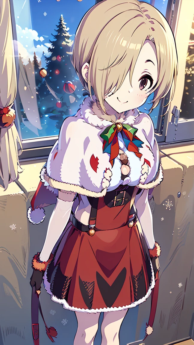 masterpiece, Best Quality,  high definition,  very detailed,(((Shirasaka Koume))), ((( 1 girl))), (((solo))), (((Blonde))), (((Brown Hair))), ((( short hair))), (((Hair covering one eye))), ((( Fur-Framed Capelets))), ((( Fur-Framed Skirt ))), (((Fur-fringed Gloves ))), ((( under bust))), ((( suspenders))), ((( Center Open))), ((( cleavage))), (((smile))), ((( Santa Costumessmile))), ((( Santa Costumes)), (((Merry Christmas))), ((( Standing in the Distance ))), (((Positive。))), (((indoor))), (((blue sky))), ((( is laughing。))), (((window))), (((Pool)))