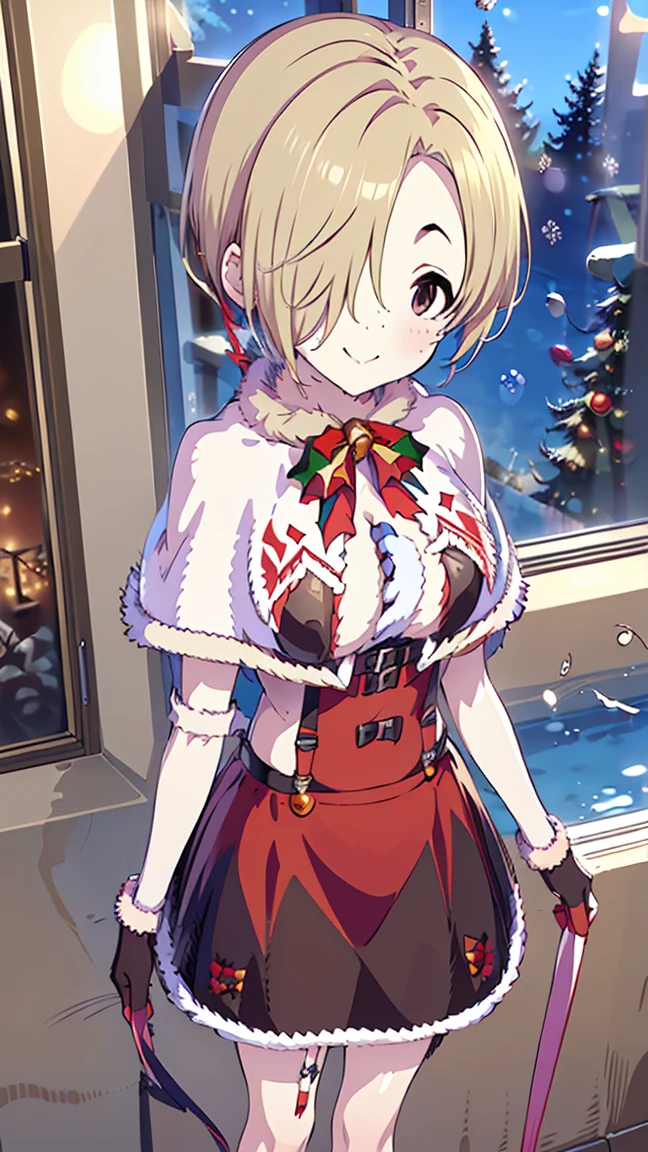 masterpiece, Best Quality,  high definition,  very detailed,(((Shirasaka Koume))), ((( 1 girl))), (((solo))), (((Blonde))), (((Brown Hair))), ((( short hair))), (((Hair covering one eye))), ((( Fur-Framed Capelets))), ((( Fur-Framed Skirt ))), (((Fur-fringed Gloves ))), ((( under bust))), ((( suspenders))), ((( Center Open))), ((( cleavage))), (((smile))), ((( Santa Costumessmile))), ((( Santa Costumes)), (((Merry Christmas))), ((( Standing in the Distance ))), (((Positive。))), (((indoor))), (((blue sky))), ((( is laughing。))), (((window))), (((Pool)))