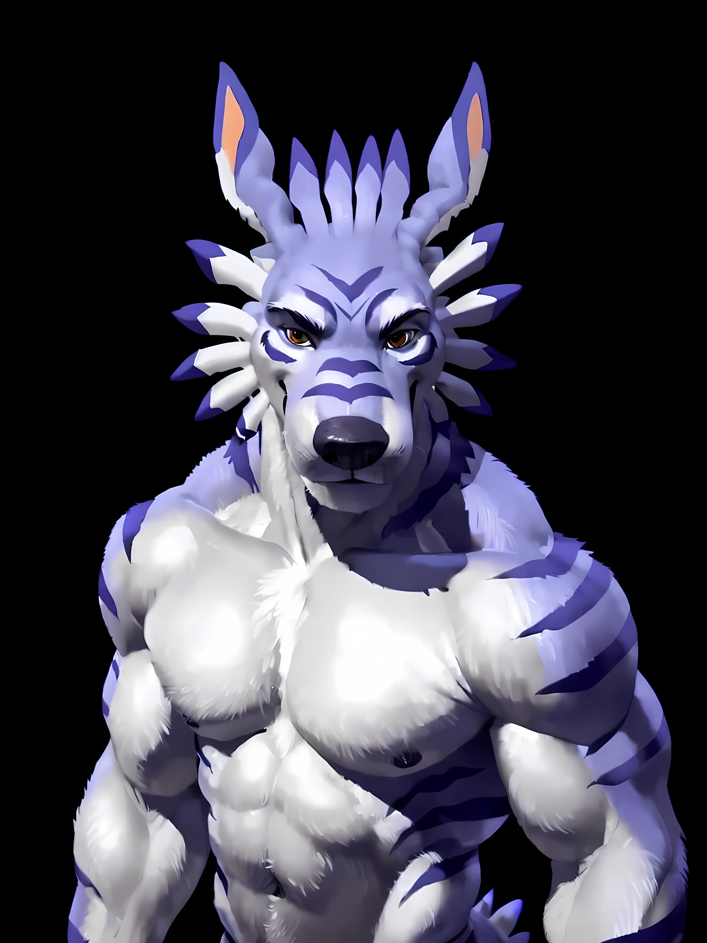 garurumon, husky build, high quality, best resolution, posted on e621, male, adult, solo, masculine, very muscular:1.4, muscular pectorals, muscular shoulders, biceps, speedos, anthro body, (simple background, black background):1.4, half body:1.1, posing, cartoony build, cartoony proportions, by taran fiddler, by blotch, by virtyalfobo, detailed eyes, correct muscles, correct anatomy, soft colors, soft shading, handsome, sexy, 