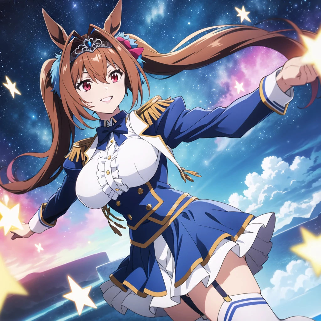 solo、8k、Highest quality、masterpiece、、(Long Hair、Twin tails)、、Beautiful breasts、Adult women、、Shoulder less、Blue knit、pantyhose、
、smile、Touching head with both arms、、Starry Sky、Strong winds、Center of chest