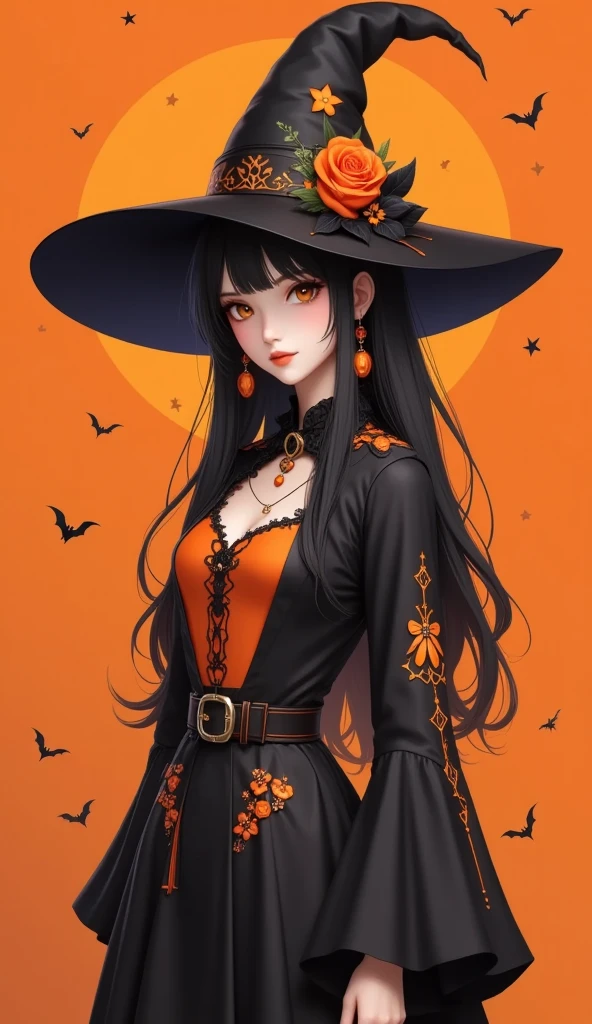 1girl, solo, witch, hat, spooky accessories, orange theme,adorned, demeanor 