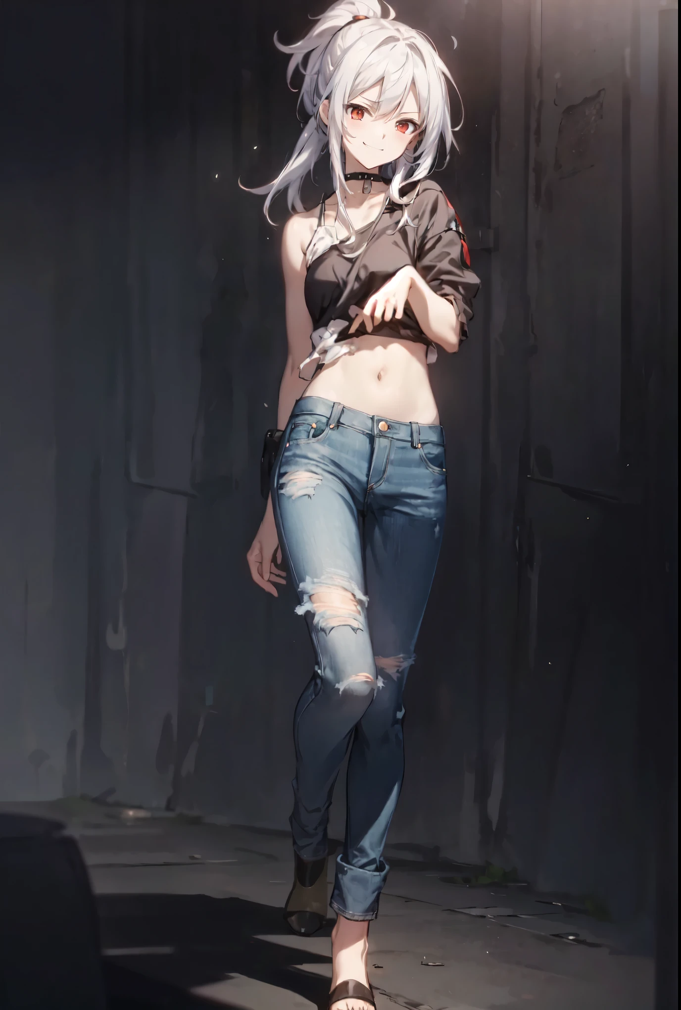 masterpiece, best quality, (detailed anime, video game art, extremely detailed CG unity 8k wallpaper), (best quality), (best illustration), (best shadow), absurdres, realistic lighting, (Abyss), dynamic pose, solo, senti, red eyes, white hair, ponytail with bangs, messy hair, crop top, model, jeans, torn jeans, broken jeans, smirk, tsurime