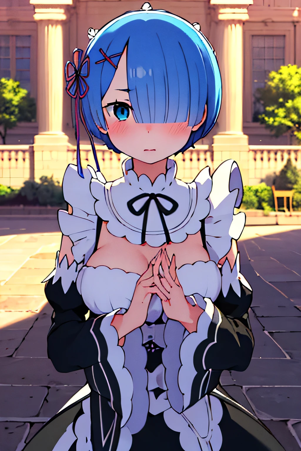Masterpiece, Best Quality, Hi-Res, remrin, 1girl, Hair Ribbon, Short Hair, blue hair, black maid uniforms , medium breast , High Contrast Glossy Oily Skin, Huge Long, Naughty Big, Big Emphasis, stand up, holding viewer hand, mansion background , Blushing, Embarrassing, Big, shy expression