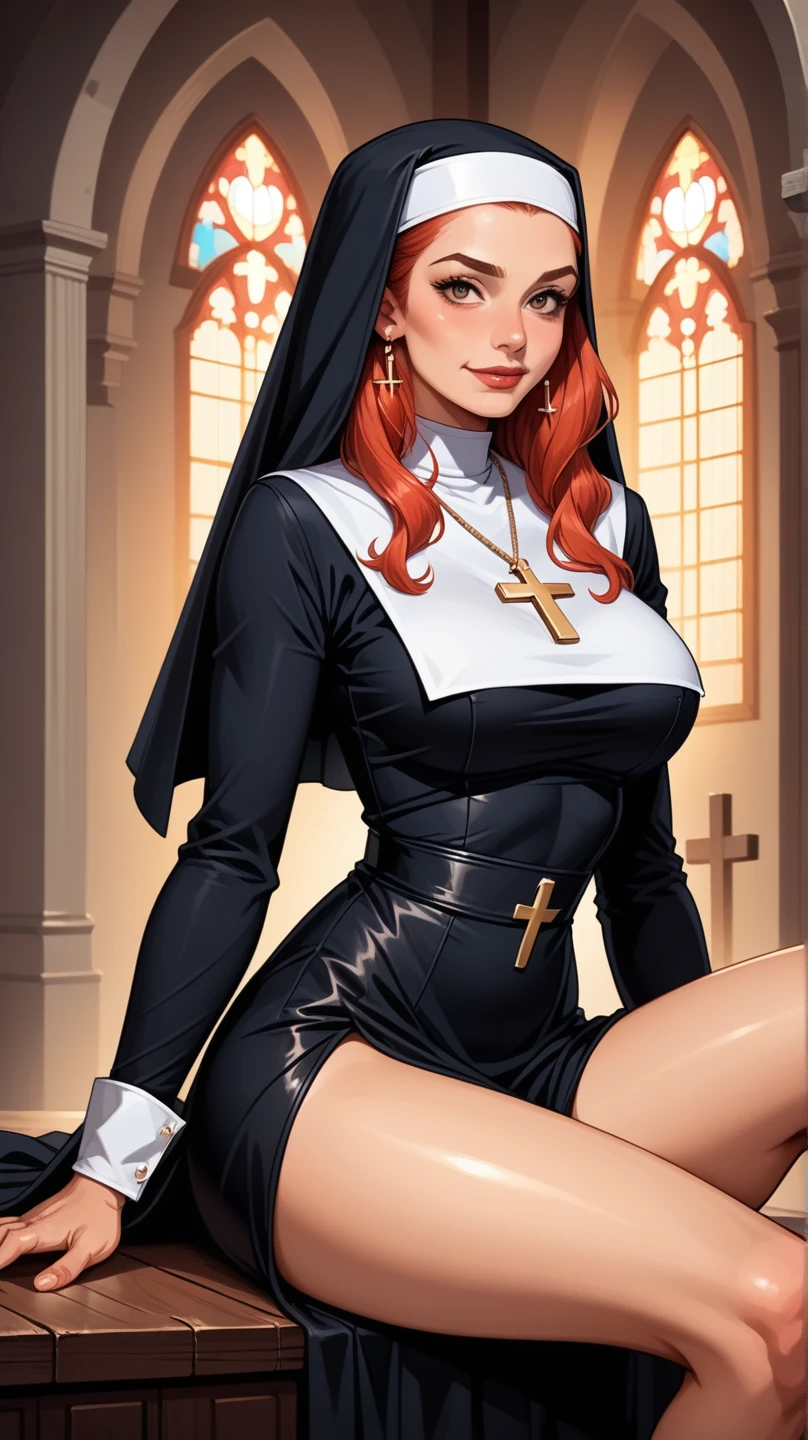 until, best quality, Illustration, super detailed, fine details, High resolution, 8k, wallpaper, Perfect dynamic composition, ( high quality details , realistic representation of the eyes: 1.3), in the hotel room、( with details), sexy nun costume , nun costume, thick thighs , muscular thighs, long hair , red hair color, Sexy and bold pose , posing sitting on the bed , dynamic rebel pose, mysterious smile closer to , beautiful legs, Voluptuous coxae, film grain, professional photo, analog

