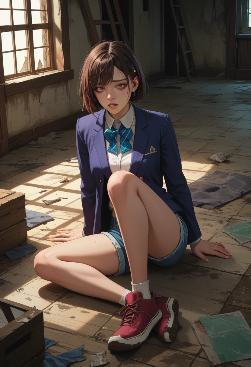  girl、On the floor of an abandoned house、 The floor is messy、Dynamic Expressions、blazer、 shorts