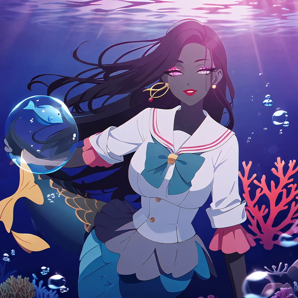 Mermaid black skin swim under sea, mermaid wear Indonesian High School Uniform by RGP1, white shirt, blue grey shirt, sea bubble airs, fish, coral, black hair, pink eyeshadow, red lips, long hair, gold earings, smile, looking at viewer, mermaid tail below waistline, night, 