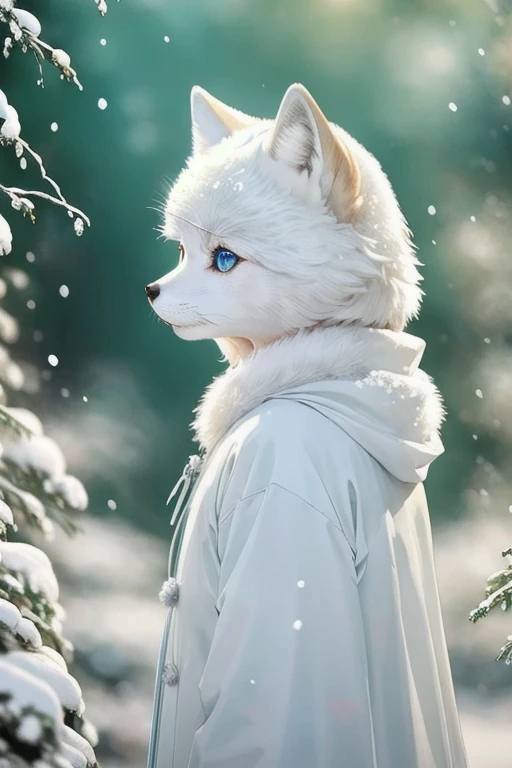  Arctic Fox ,Thick Snow ,,mouse,Act quickly, fluffy tail ,sharp teeth ,Strong gaze,White fur,  Ice Blue Eyes,wind, Freezing Temperatures ,白雪皑皑的wind景