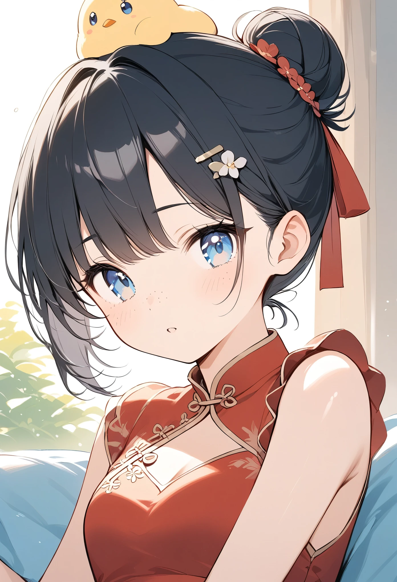 Light line drawing、Light color、 short hair、hairpin、Tear Mole、Black Hair、Bun Hair、Freckles、 red china dress、Blue Eyes、 with chick on head、Everyday Scenes、Warm and fuzzy work 、Warm Works