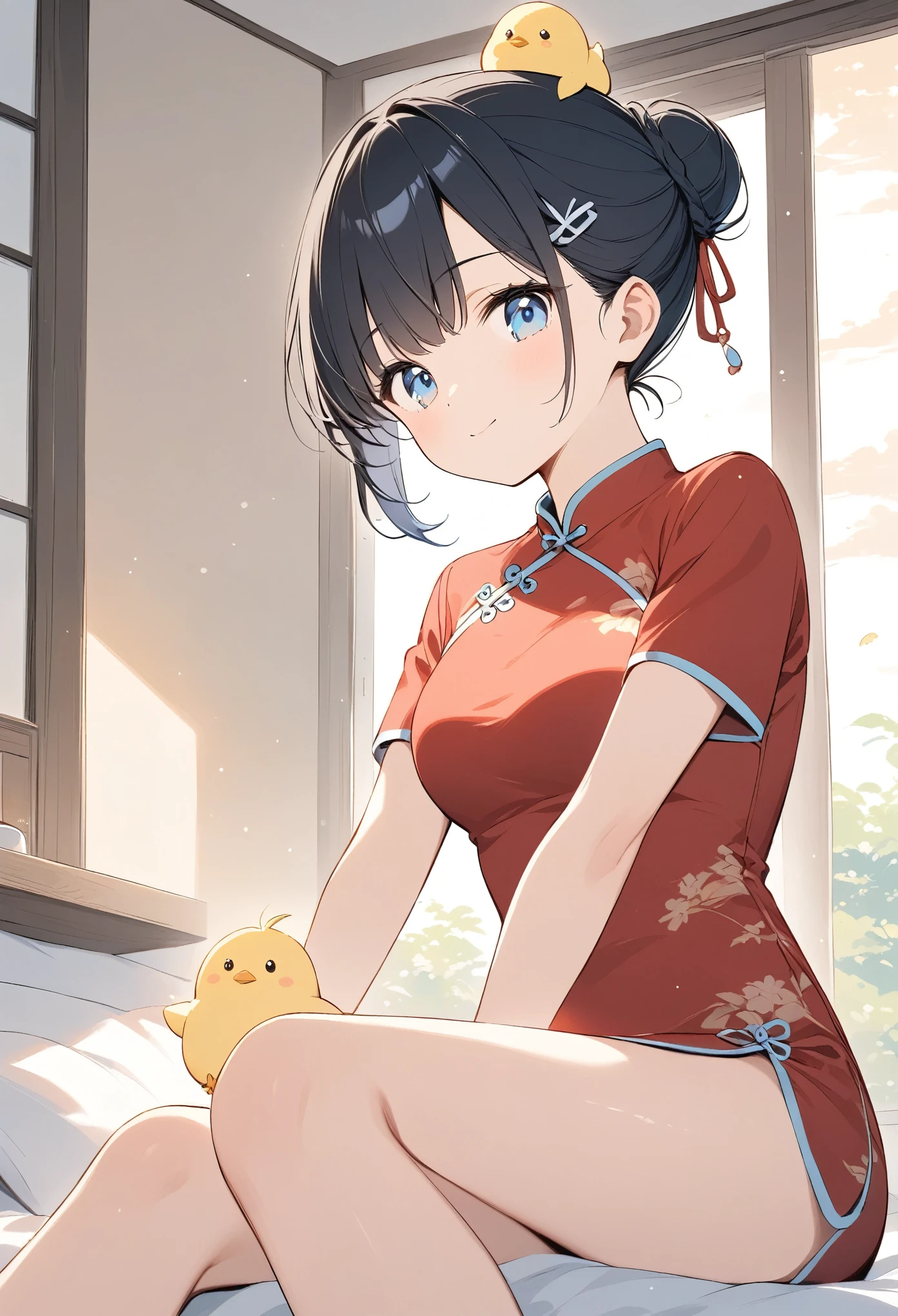 Light line drawing、Light color、 short hair、hairpin、Black Hair、Bun Hair、 red china dress、Blue Eyes、 with chick on head、Everyday Scenes、Warm and fuzzy work 、Warm Works