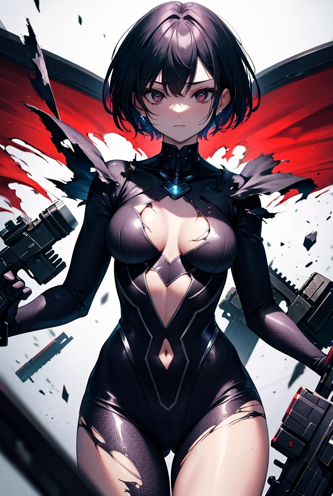 ((Best quality)), ((masterpiece)), (detailed: 1.4), (Absurd), furious princess, ((action pose)), (((woman with all-black graphite-colored skin)))), ready for war, black kinetic skin with exposed black muscles, hot woman, sculptural body with defined muscles, closed mouth, muscular body covered by a micro bikini, whole body covered by gold stars, ((medium breasts)), (eyes with heavy and very black makeup without pupils), (((short black hair style Ryuko Matoi)), (stars covering the body), ((drawings of golden stars on the arms)), very long eyelashes, heavy eye makeup, lots of jewelry, by mucha, niji --V5, close to real, psychopath, crazy face, sexy pose, background with a giant Gundam-style Robot head, 2 piece clothing, pastel, centered, scale to fit the dimensions, HDR (High Dynamic Range),Ray Tracing,NVIDIA RTX,Super-Resolution,Unreal 5,Subsurface Dispersion, PBR Texture, Post-processing, Anisotropic filtering, Depth of field, Maximum clarity and sharpness, Multilayer textures, Albedo and specular maps, Surface shading, Accurate simulation of light-material interaction, Perfect proportions, Octane Render, Two-tone lighting, Wide aperture, Low ISO, White balance, Rule of thirds, 8K RAW, crysisnanosuit