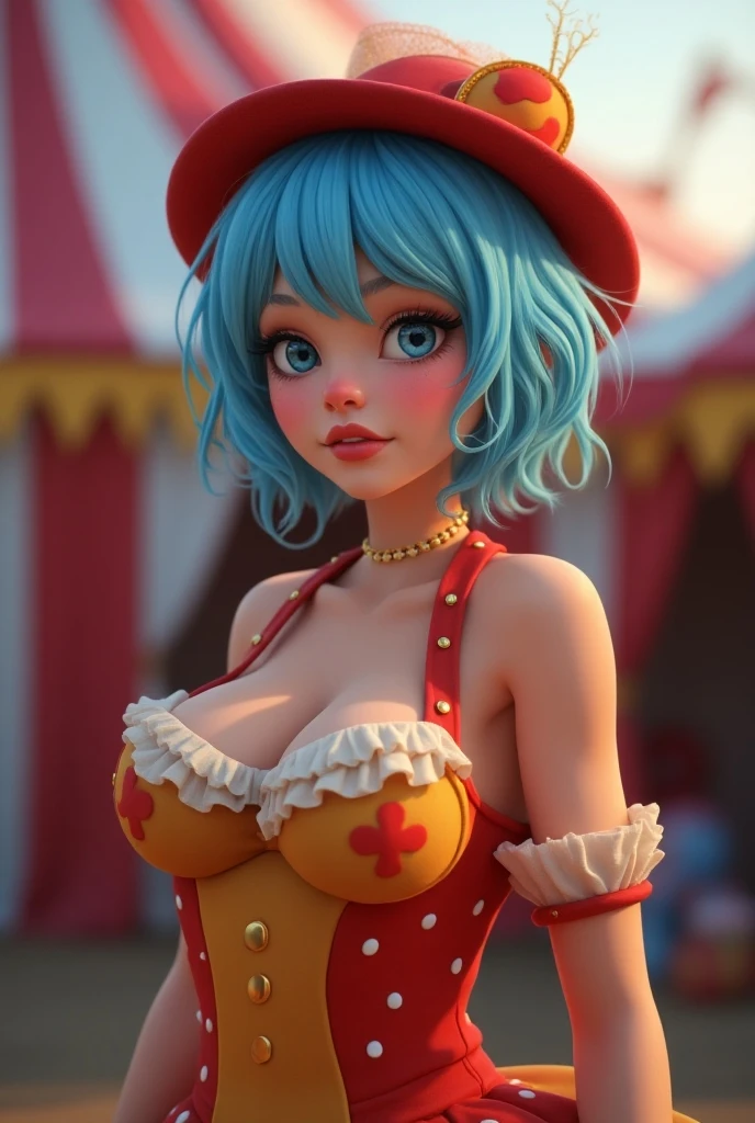 (masterpiece, best quality, cinematic, photorealistic, ultra-detailed), 1girl, thicc, (wide shot, from below:1.5), (female clown:1.4), (wild and colorful wig with straight strands in various shades), (a colorful, oversized, and polka-dotted bodysuit with puffed sleeves), (frilly details around the collar and cuffs), (brightly colored suspenders), (poofy and layered, knee-length skirt in a bold, contrasting color), (patterned leggings to add extra flair), perfect hands, perfect face, (bursting breasts, large cleavage:1.4), round ass, (seductive pose), (brown eyes, detailed pupils, blushing, slightly parted lips, nude lips:1.2), (sensual pose), (gradient background:1.2)