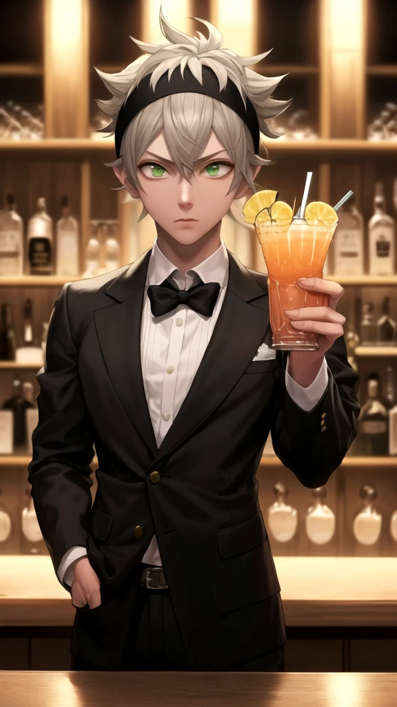 artwork, best quality, high quality, 1 boy, solo, male focus, looking at viewer, asta, green eyes, headband, gray hair, spiky hair, artwork, very realistic, not smart, tall, very detailed, HDR, masterpiece, very detailed face and eyes, solo, guy, handsome, tall, handsome face, still youthful like a Japanese artist, In a bar, wearing a black and white bar jacket, carrying a drink, making a bar style drink, pouring the drink quite high, bartender cocktail, Shaking the drinkin a dark bar area, dark atmosphere at night, flat facial expression, tall, tall, strong and handsome, modern times, at night,