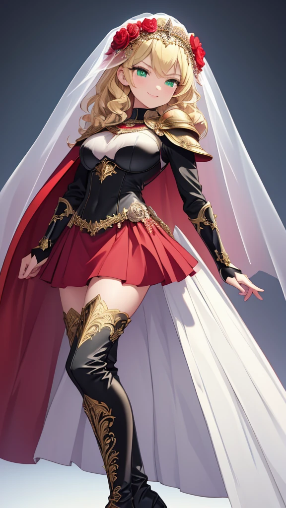 masterpiece, Best Quality,  no background, ((Red cape on shoulders,Luxuriously Embellished Black Breastplate ,short white translucent wedding veil with flower decoration,Images of tall women)), huge breasts, Bust-length blonde ,Pale skin,smile,closed mouth,Green Eyes,wavy hair,   Black Thigh-High Boots ,Black Gauntlets,   Black Skirt  , Narrow eyes,  holding nothing in hand, Arched eyebrows