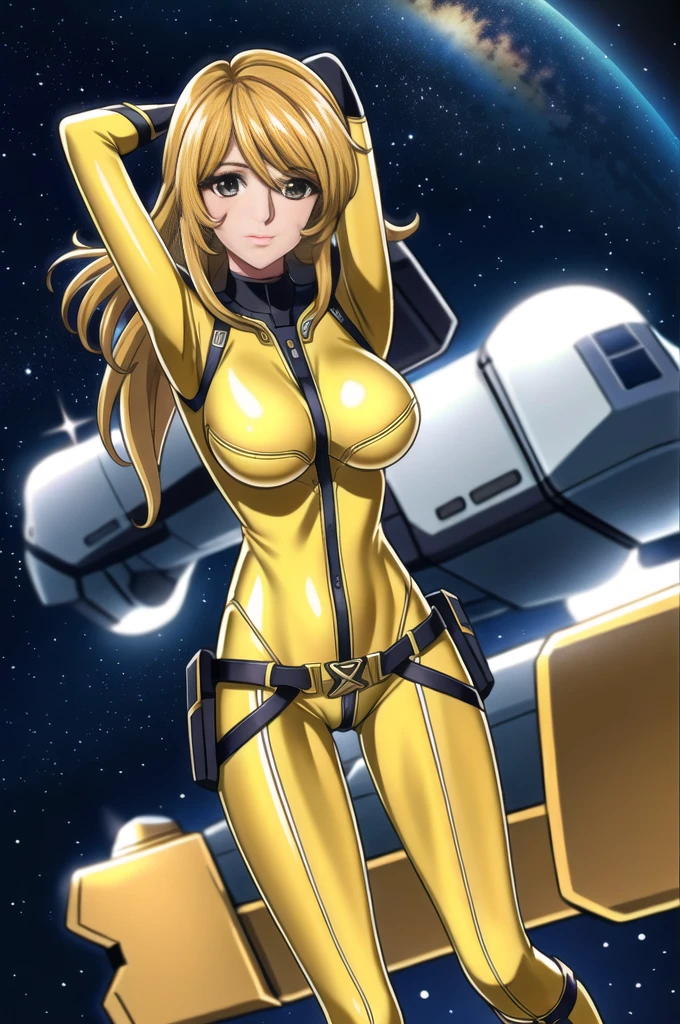 8k,  1 girl, spaceship, bodysuit,  clevis,  Knight , galaxy, space, Big Breasts,  turn your arms behind your head , Viewer Watch, ,  solo focus ,  cowboy shot, (masterpiece: 1.4), (Best Quality: 1.4), (shiny skin), Sultry body,  M-shaped leg opening,  high leg, barefoot, Yellow knee-length patent leather pin heel boots,