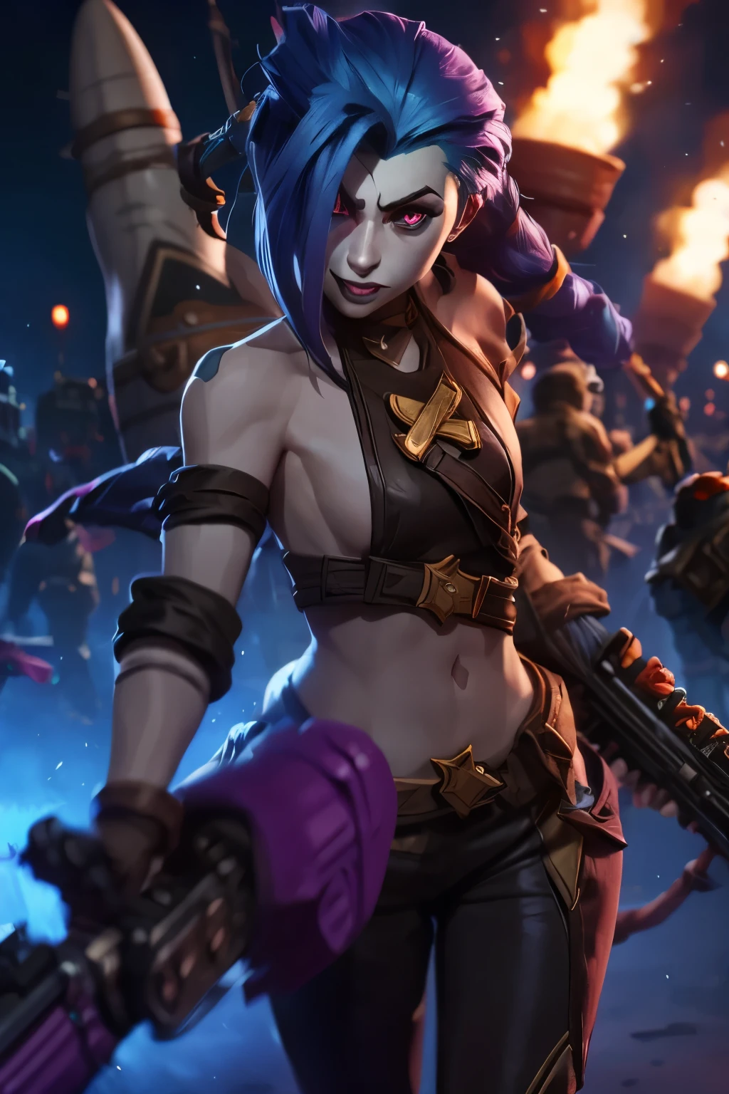 jinx league of legends, detailed eyes, firing a rocket shark launcher