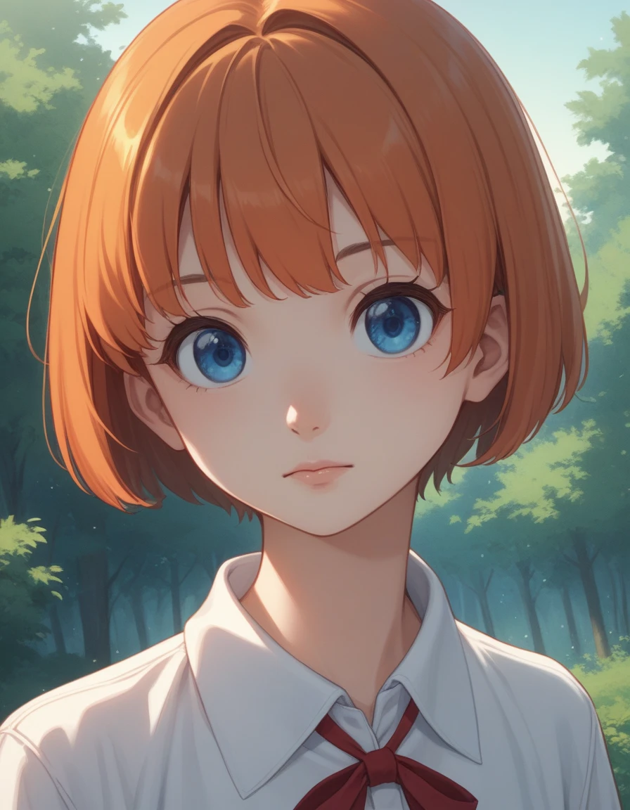 cute, outdoors, sky, anime style、70s anime、Hayao Miyazaki Style、alone, CLARISSE,1girl, orange hair, bob_cut, blue eyes, collared_shirt, red ribbon, white shirt, long_sleeves, Perfect Lighting, head tilt, forest, wide shot, ((close-up face)), 大きな目、