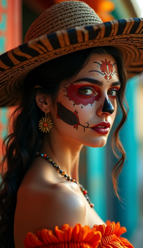  realistic intricate sensual photography bigboods Catherina Mexico Day of the Dead , With Mariachi hat art style Luis Royo Seb McKinnon  