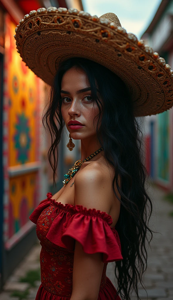  realistic intricate sensual photography bigboods Catherina Mexico Day of the Dead , with Mariachi hat art style Luis Royo Suzane Gildert 