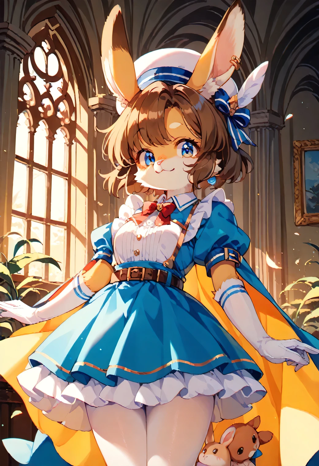 score_9, score_8_up, score_7_up, score_6_up, score_5_up, score_4_up, source_cartoon, best quality, amazing quality, very aesthetic, absurdres, 1girl, (furry, kemono:1.3), rabbit, rabbit girl, rabbit ears, pantyhose, gloves, cape, blue eyes, solo, hat, white pantyhose, short hair, jewelry, puff and slash sleeves, brown hair, elbow gloves, puffy sleeves, earrings, smile, retro artstyle, belt, puffy short sleeves, 