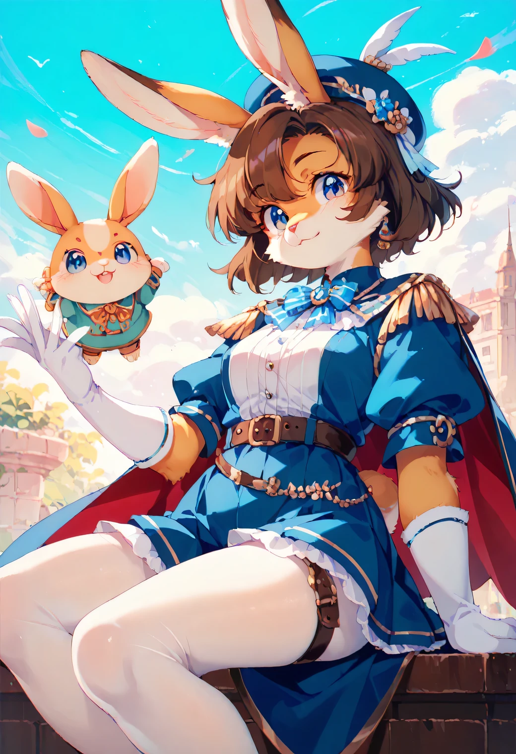 score_9, score_8_up, score_7_up, score_6_up, score_5_up, score_4_up, source_cartoon, best quality, amazing quality, very aesthetic, absurdres, 1girl, (furry, kemono:1.3), rabbit, rabbit girl, rabbit ears, pantyhose, gloves, cape, blue eyes, solo, hat, white pantyhose, short hair, jewelry, puff and slash sleeves, brown hair, elbow gloves, puffy sleeves, earrings, smile, retro artstyle, belt, puffy short sleeves, 