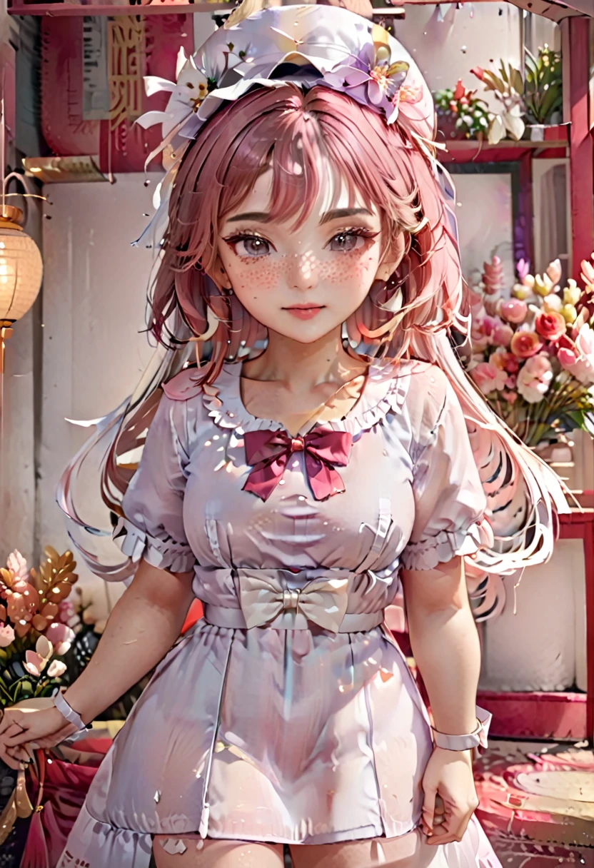 Medium view, medium shot, depth of field, bust, upper body, cinematic angle, masterpiece, best quality, super detailed, CG, 8K wallpaper, beautiful face, delicate eyes, a maiden, solo, smile, bangs, skirt, shirt, hat, dress, bow, petals, bouquet