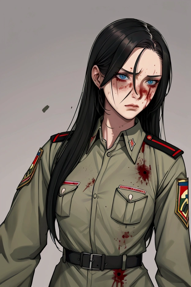 style,Epic illustration of a russian medic soldier woman, standing resolute, looking at the camera, soaked in blood, undamaged details, while rendering with dynamic lighting, sweeping camera angles, and intense emotional depth,cinematic background, watercolor sketch in artistic style, large strokes, finalized with ink, fine lines
