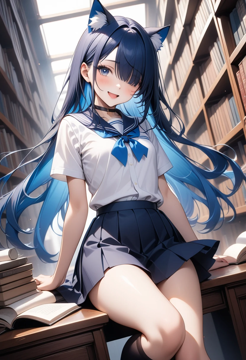 (masterpiece, best quality, extremely detailed, absurdres)), masterpiece, best quality, extremely detailed, (((light blue long hair))),  ,10 years old,long hair cute anime faces, detailed light, parted lips, shiny, beautiful detailed face, long hair, pale long hair, smile, looking at viewer, jewelry, lips, beautiful, expressive face, 1girl, solo, flat chest, blush, bangs, super fine illustration, 8k wallpaper, (photo background: 1.3),  BREAK
library, ornate library, bookshelves, leather chairs, ornate rug, high windows, wooden bookcase, (top-quality、in 8K、32K、​masterpiece、nffsw、超A high resolution、Impresionismo、Photorealsitic:1.2)、cowboy  shot、detailed faces and eyes、inside in room、atlibrary、Bookshelf in the background、Very quiet space、beauitful face、blurry backround、school ground、beauitful face、blurry backround、shinny skin、Blunt bangs、Shirt、neck tie、Plaid ocks、(Lifting skirt、I can see the white panties:1.3)、(Embarrassed look:1.2)、from below、troubled face,shy   