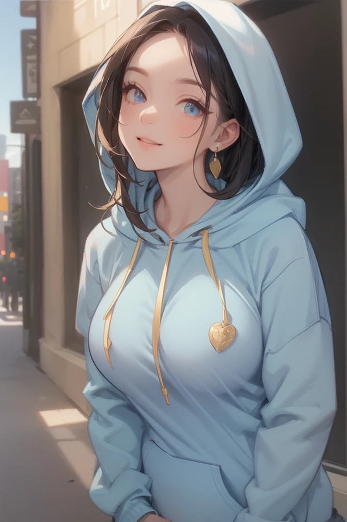 (((blue pullover hoodie:1.5)))、((((pulling the hood over her head))))、((Black Hair、 long straight 、Long Hair、Forehead、Dark Eyes))、((Big Breasts:1.3))、(( Gentle Expression 、smile、Adorable expression))、(( Gold Necklaces 、Gold earrings))、The background is blue sky、Bright sky、Big Sky、Bright city、bustling street、((( close-up)))、((( close-up)))、((( close-up)))、((( close-up)))