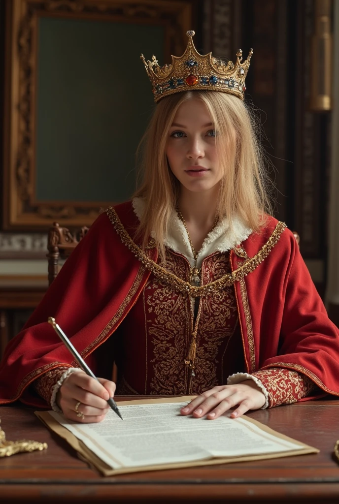 (Masterpiece: 1.2, Best Quality), Realistic, (Realistic Picture, Complex Details, Depth of Field), Best Quality, Masterpiece, Highly Detailed, Semi Realistic, 1 woman , Mature Female, 21 Years Old, Blond Hair, Shoulder length Short Hair, Left Eye Covered with Hair, Blue Eyes, King's Clothes, Red Cloak, Slim Figure, Crown Made of Precious Gold, Reading Documents, Marking Documents, Goose Hair Pen, Office Table, Soft Bench, Palace, In the palace, during the Middle Ages