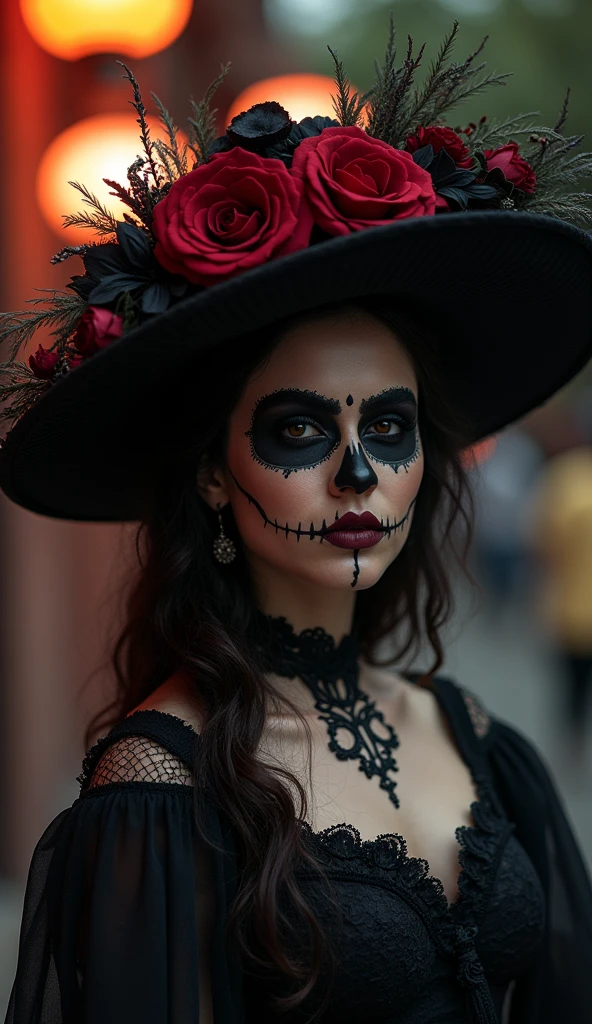  realistic intricate sensual photography bigboods Catherina Mexico Day of the Dead ,  with gothic art style hat , dark lights, Shadows low light Gaussian blur  