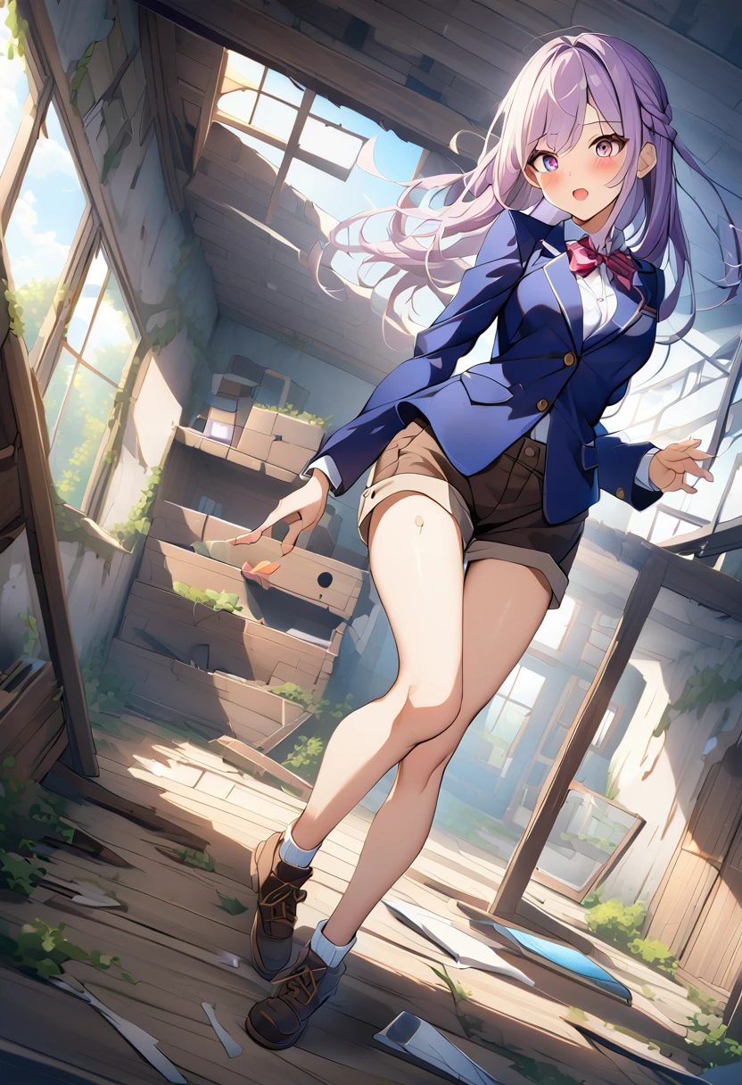  girl、On the floor of an abandoned house、 The floor is messy、Dynamic Expressions、blazer、 shorts