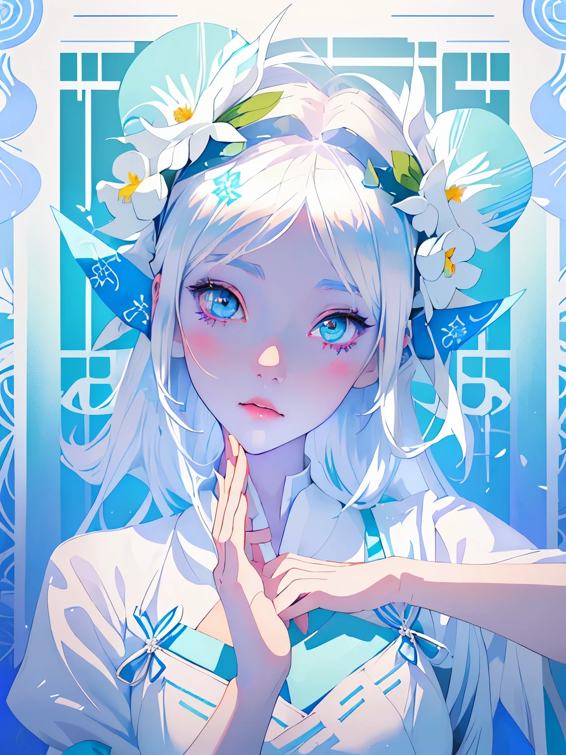 anime girl with blue hair and white dress with horns and flowers, white haired deity, white hime cut hairstyle, pale young ghost girl, silver hair girl, pixiv style, pixiv daily ranking, the piercing stare of yuki onna, onmyoji portrait, beautiful anime style, shikamimi, korean art nouveau anime, anime visual of a young woman, anime inspired