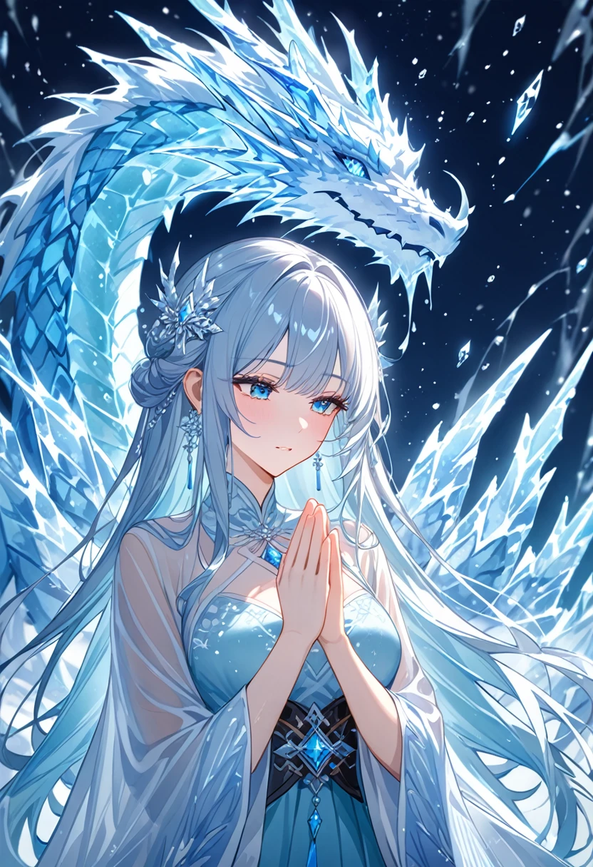 ice dragon, frozen, haze, frozen screen effect,frost bi frost,(freeze overlay:1.4),BREAK, Girl,coming to the dragon and praying,ethereal style, hair accessories,(masterpiece:1.33,best quality:1.5)