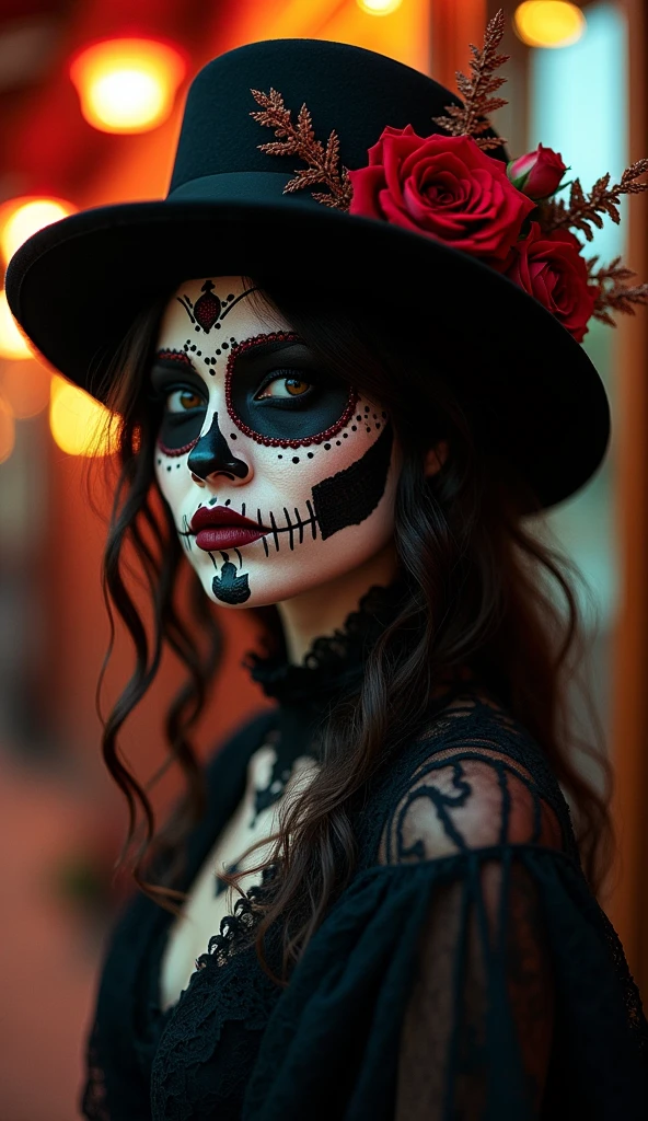  realistic intricate sensual photography bigboods Catherina Mexico Day of the Dead ,  with gothic art style hat , dark lights, Shadows low light Gaussian blur  , by Luis Royo Marta Nael 