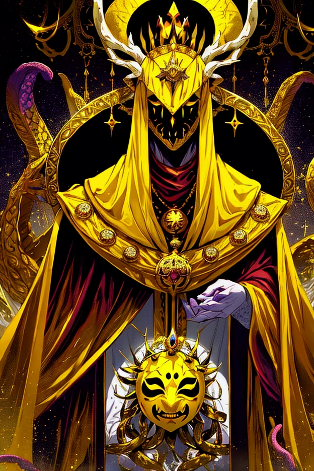 a painting of a man dressed in a yellow robe and a crown, hastur the king in yellow, yellow-robed cultist, king in yellow, a professional digital painting of the king in yellow wearing a tattered yellow cloak standing in a ballroom gripping a medallion in his claws, (white porcelain mask:1.05),painting of the king in yellow wearing a cloak and a mask, antlers, crown, cosmic background, gold and white and black color scheme surrounded by a mass of writhing tentacles, ornate baroque ballroom background, antlers, crown, high quality