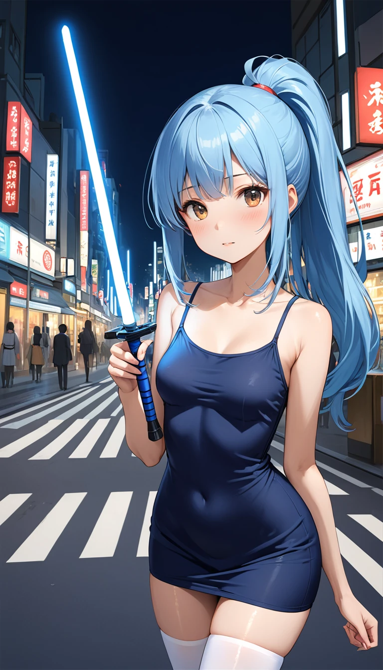 ((masterpiece,Best Quality:1.3,best quality illustrations)),cowboy shot,1woman,adult,(ponytail),straight long hair,light_blue hair,(very small head:1.2),bangs,gorgeous eyes,brown eyes,blush,(very long body:1.3),small breasts,(dark blue Tank mini dress,white_thighhighs),slender body,toned body,shiny skin,(青く光剣を持つ、 holding a blue lightsaber hold the handle of the sword correctly:1.2、 holding a blue lightsaber correctly holds the handle of the accurately depicted ５Hand with two fingers:1.2)on street,、Shinjuku、Tokyo、