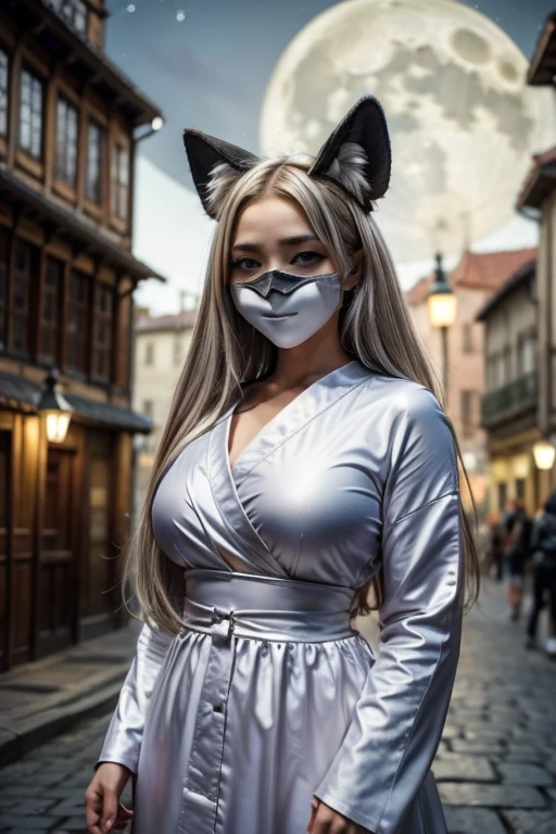 A girl in a fox helloween mask ,  of a yokai festival on the European medieval streets of the city at night under the light of a silver moon against the background of a silver moon art 3d Halloween style 