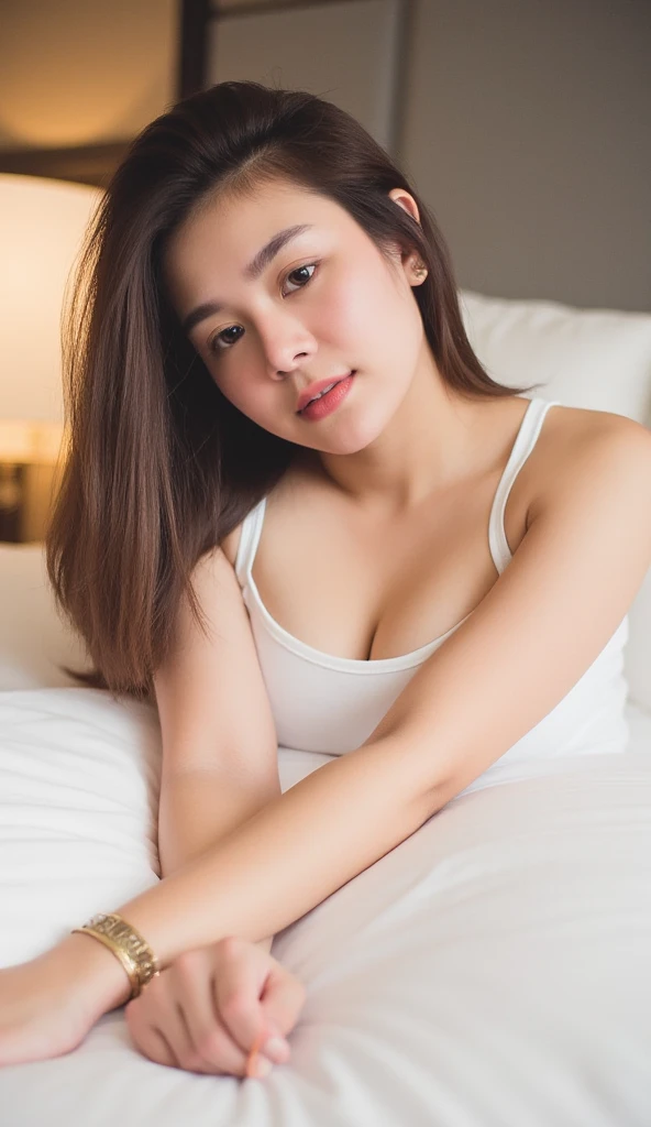 Japanese women、(A short white tube top:1.5)、(Super cute idol face:1.4)、(Thin neck、Narrow shoulders、Small shoulders、Thin arms、Thin belly、delicate)、(belly button、おbelly button)、Waistline、Large and shapely bust、Cleavage、Underbust is visible、Slim and beautiful thighs、Beautiful feet,((Crotch seen from the front))、(Legs wide open:1.6), Glowing skin、Lying in a hotel bed、(RAW Photos、Best Quality、masterpiece、Ultra-high resolution、Ultra-high resolution、8k、Genuine)、