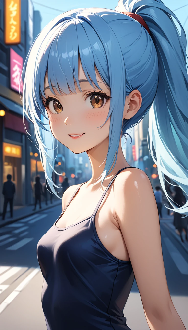 ((masterpiece,Best Quality:1.3,best quality illustrations)),portrait,cowboy shot,1woman,adult,(ponytail),straight long hair,light_blue hair,(very small head:1.2),bangs,gorgeous eyes,brown eyes,,smile,blush,(very long body),small breasts,(dark blue Tank mini dress,white_thighhighs),slender body,toned body,shiny skin,on street,neon、Shinjuku、Tokyo、