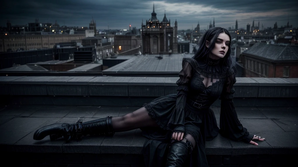 women sitting on a wall with a black dress and boots, grim fashion model looking up, sits on a rooftop, gothic horror vibes, goth vibe, very beautiful goth top model, gothic aesthetic, sensual gloomy style, gothic outfit, dark vibes, dark goth queen, goth aesthetic, goth girl, on a rooftop, dark ballerina, gothic city streets behind her