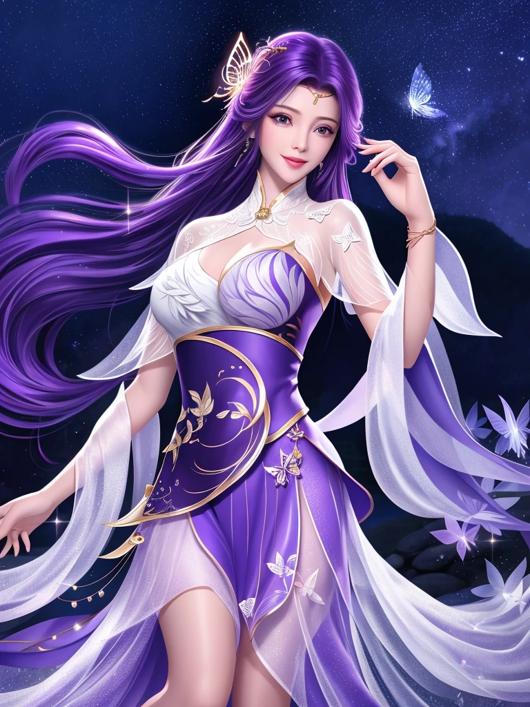 night，Starry Sky，Onsen Source ，Scattered white mist ，sit on stone，WMSJ Wunxi ,  1 girl, skirt, alone, butterfly hair accessories, long hair,  purple hair , jewelry,  watching the viewer, earrings, shawl, Shut up,前額jewelry, Feather coat,  Mature Women ,  hands placed on hips , Smile, sparkle effect, 