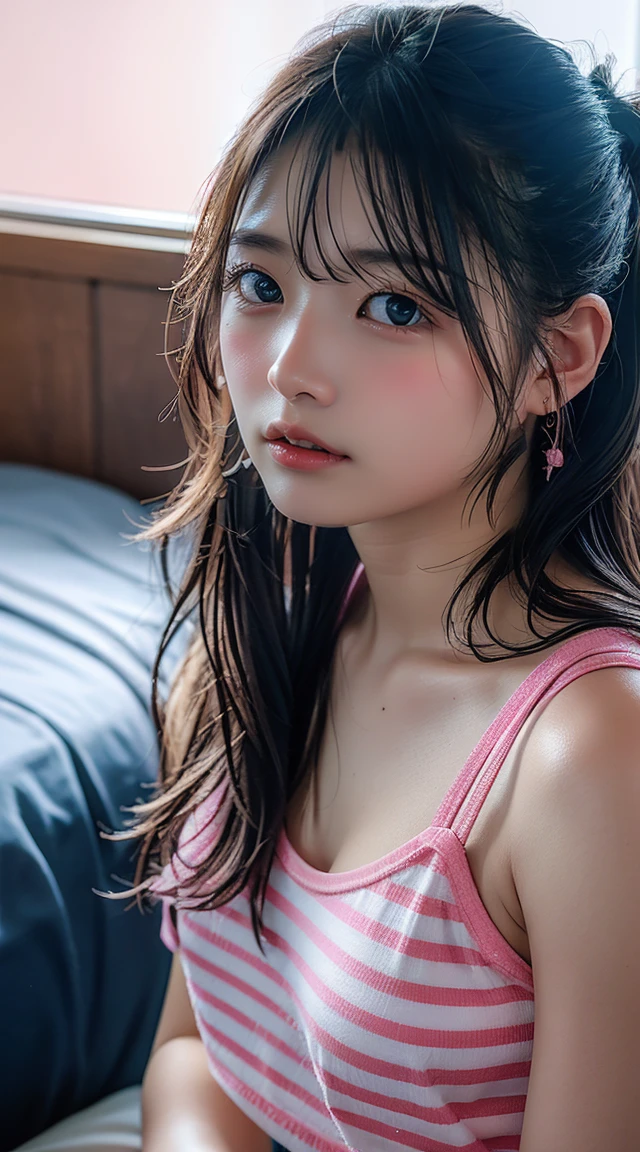 18 years old cute beautiful perfect face petite teenage, small breasts, pretty posing , aquamarine eyes, cyberpunk, sheer open gown, naked, see-through open hair fluttering in the wind, best quality, ultra high resolution, (high definition skin: 1.4), (RAW photo, best quality), (realistic, photorealistic: 1.7), (sexual arousal, blush, rough breathing :1.0) )、 on bedroom