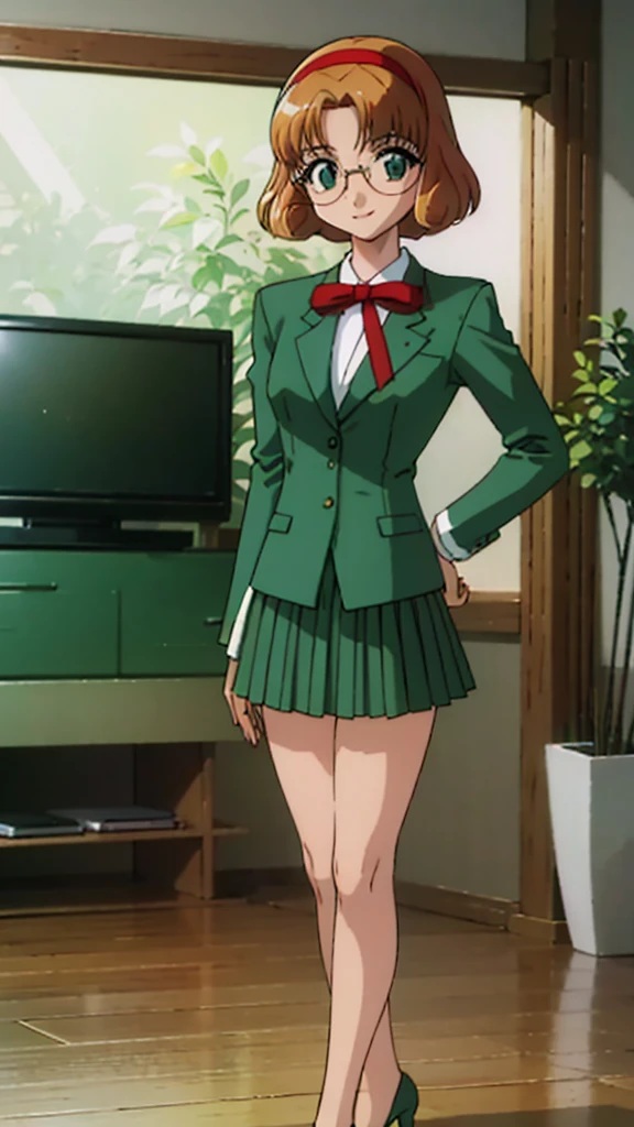 fuu hououji, (4k portrait), masterpiece, best quality,looking at viewer, 1girl,short hair,light brown hair,Glasses,((red hairband)),green blazer,(mini skirt:1.4),(green high heels:1.4), smile,masterpiece,Noise Reduction,perfect anatomy,high resolution, ultra-detailed,game cg,dutch angle ,beautiful detailed eyes,visualart,five fingers, perfect hands, perfect lighting,BREAK (pants,1.5), full body, arms at sides, BREAK (indoor:1.6), (living room.3)



